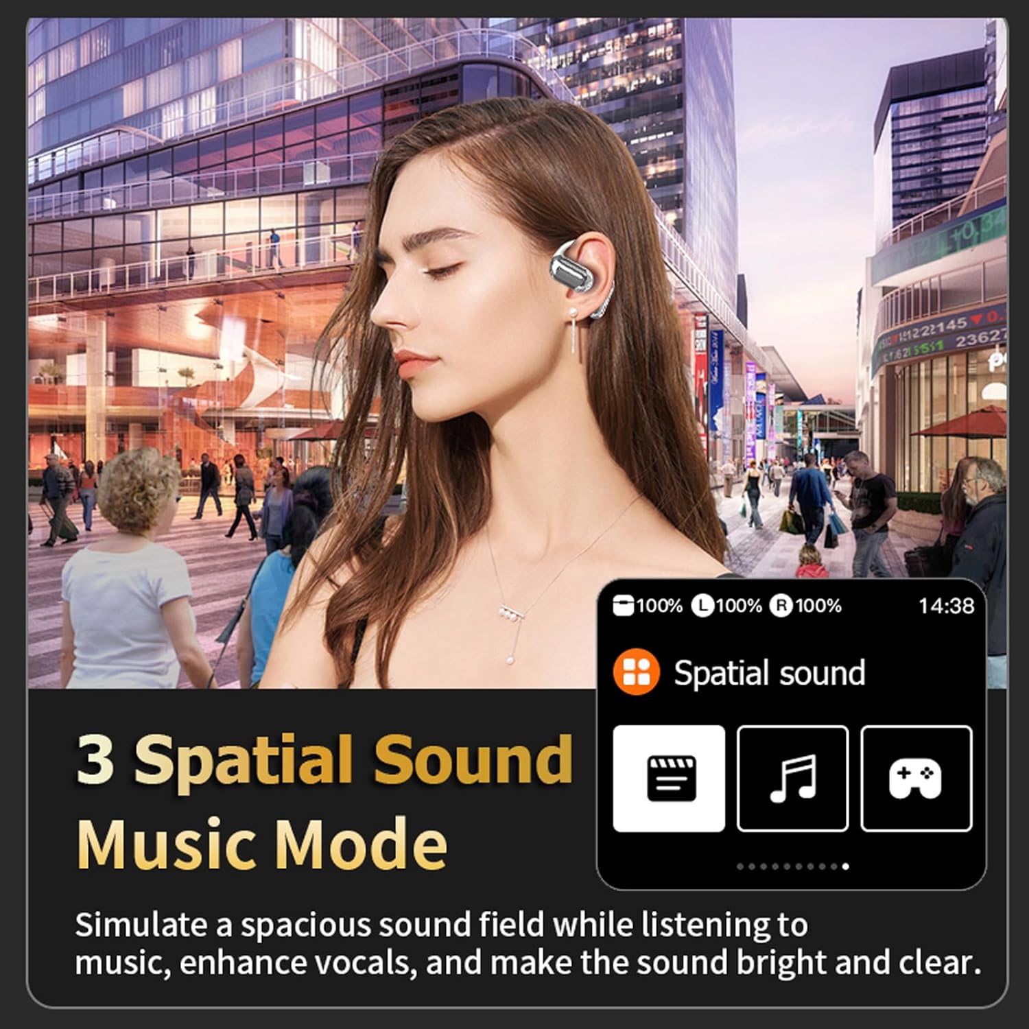 Touchscreen LCD Open Over the Ear Bone Conduction Smart Earbuds Wireless Bluetooth Earphone with Touch Screen Case and Earhooks that don't Go in Your Ear