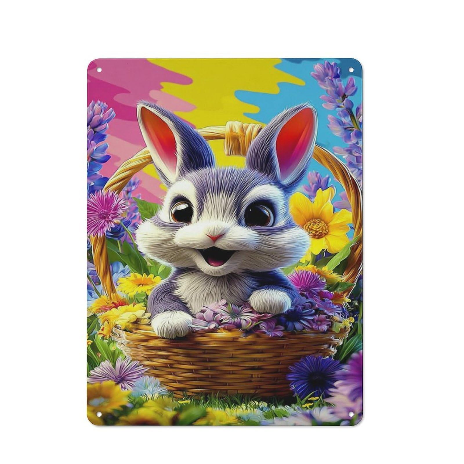 Junmoney Bunny In A Basket Of Flowers Metal Sign 40X30cm With For Workshop Wall, Rustic Decor, Wall Decoration For Workshops And Hobby Rooms