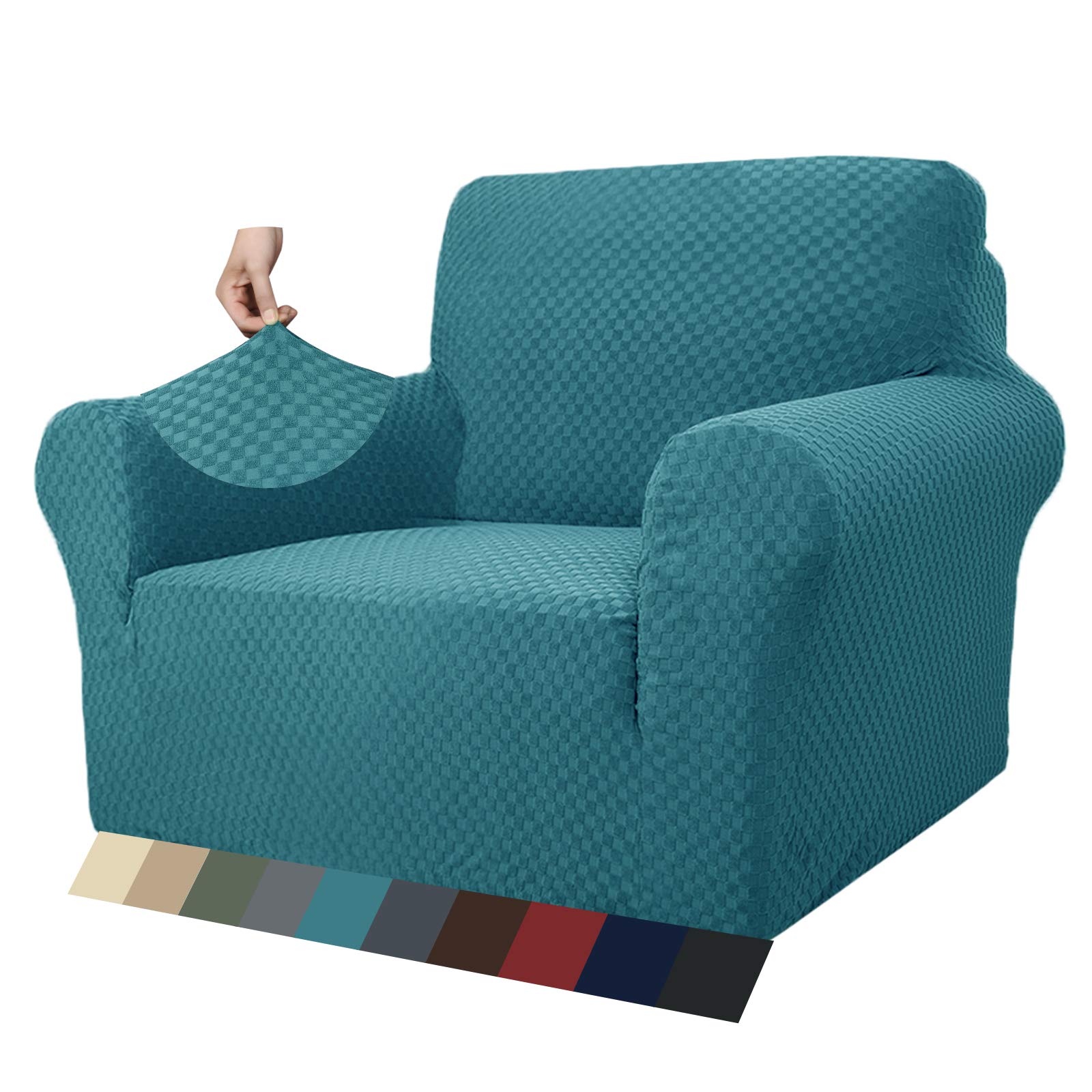 Maxijin Jacquard Peacock Blue Newest Jacquard Chair Covers For Living Room, Super Stretch Non Slip Chair Slipcover With Arms Dogs Pet Friendly 1-Piece Elastic Sofa Couch Protector Armchair Cover (1 Seater, Peacock Blue)