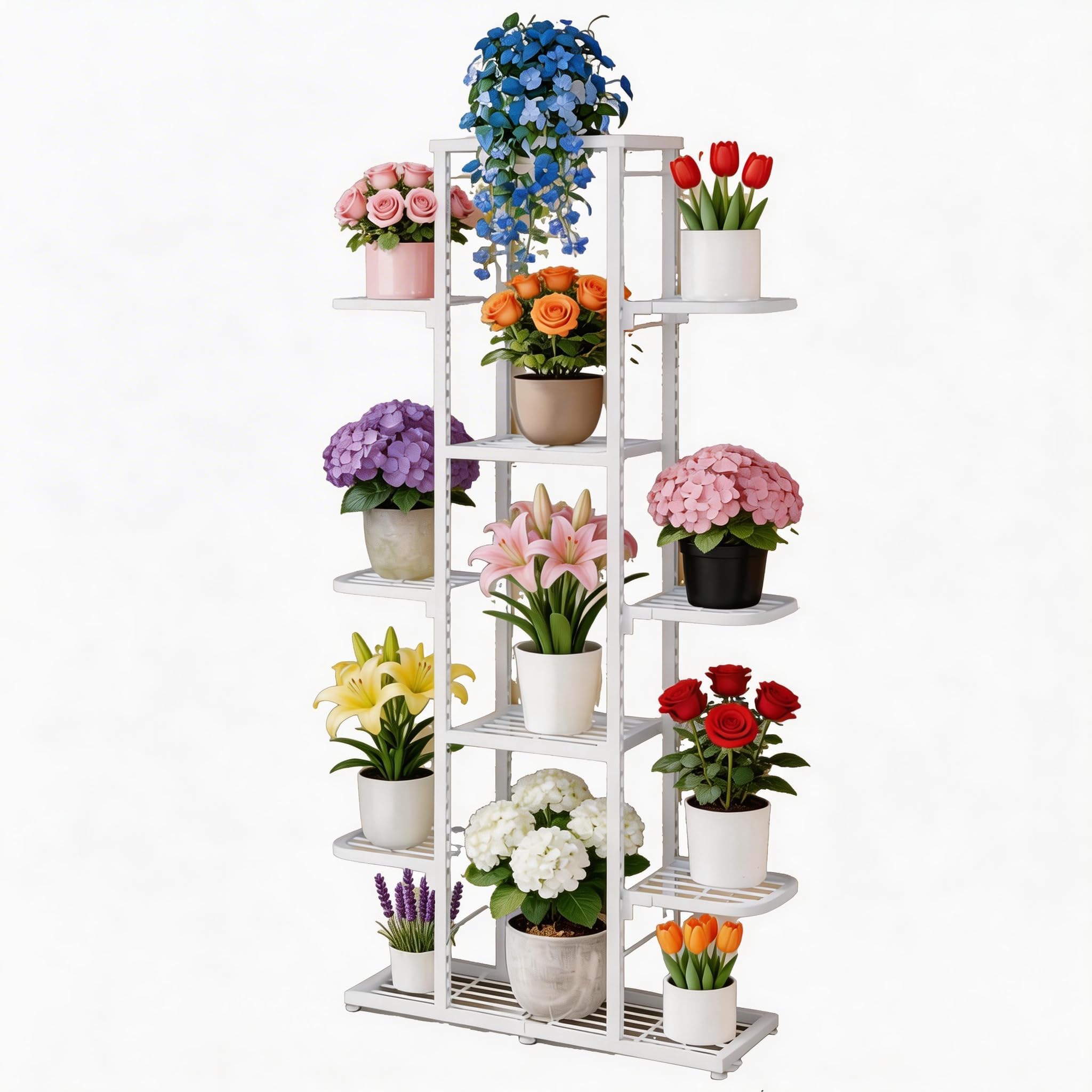 GarveeLife Étagère à Plantes Multi-Niveaux en Métal Blanc, Support pour Fleurs d'Intérieur et Extérieur, pour Balcon, Salon, Chambre et Jardin