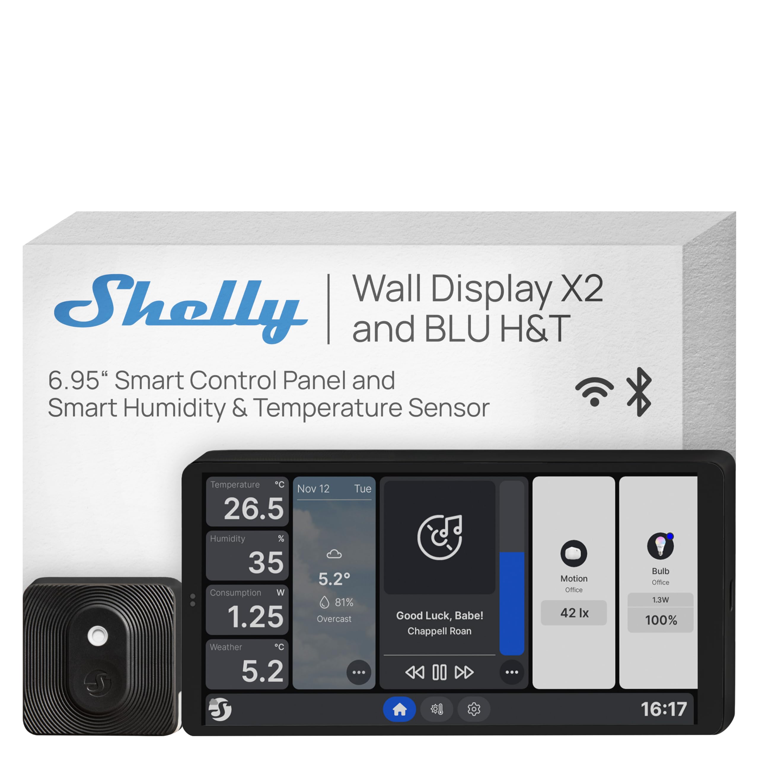 Shelly Shelly Wall Display x2 Noir et Shelly BLU H&T Noir - Panneau de commande Domotique Wi-Fi avec thermomètre, hygromètre, Écran tactile 6.95’’, Interrupteur 5A, Thermostat, Shelly App & Home Assistant