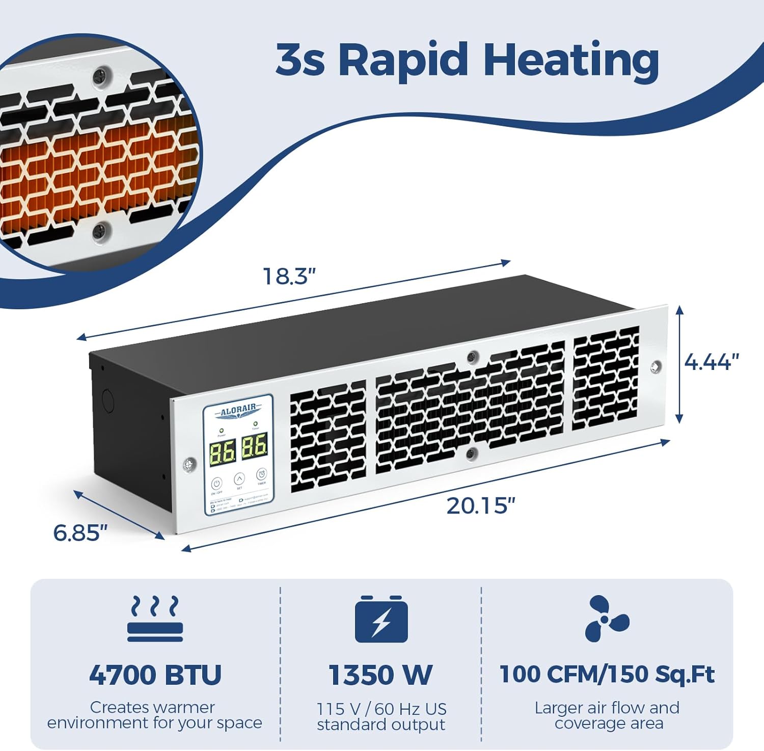 ALORAIR WarmHub 15 Electric Kickspace Heater with Thermostat and Timer, Toe Kick Heater with Remote & Control Panel, Under Cabinet Wallheater for Bathroom, Vanity, Kitchen, White