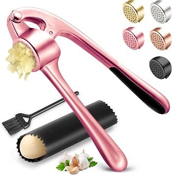 Kitchen Garlic Press, Rust Proof & Dishwasher Safe Garlic Mincer, Durable Garlic Crusher Set with Peeler&Brush, Easy to Clean and Squeeze, Rose