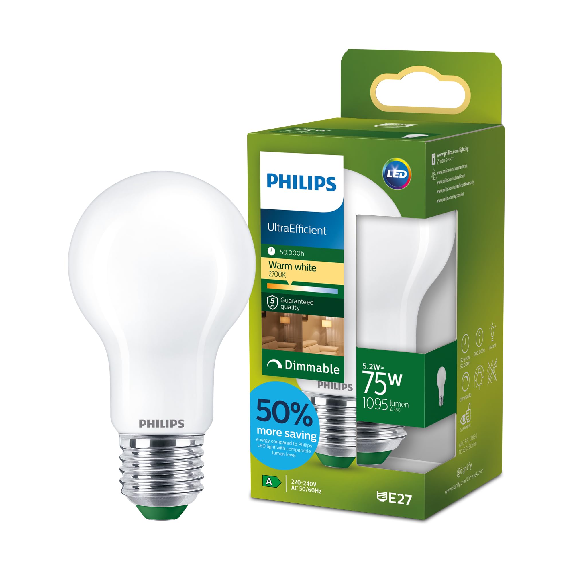 Philips Philips LED UltraEfficient Frosted A60 Bulb, E27 Edison Screw, Energy Class A, 1095 lm, 75W Equivalent, Warm White (2700K), Dimm