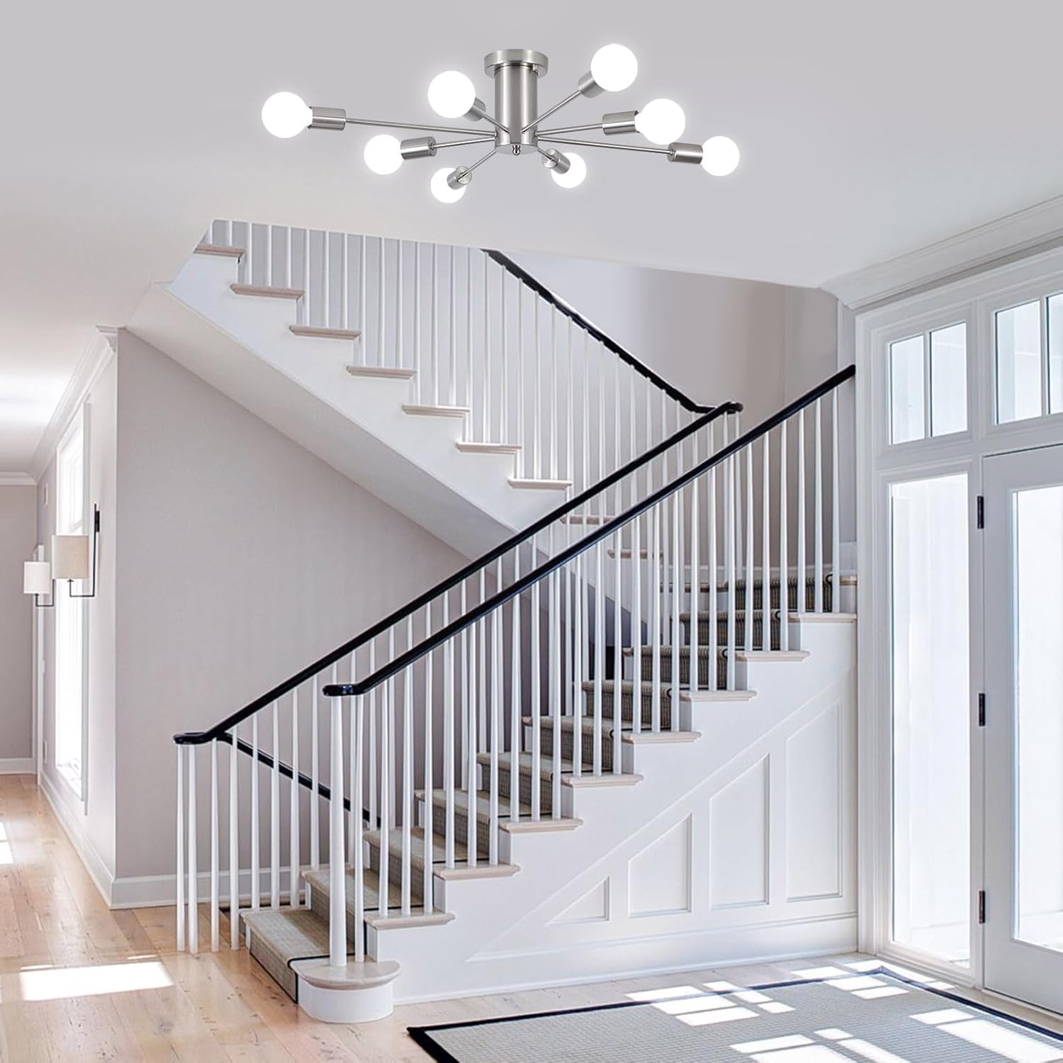 Nickel 8-Light Geometric Sputnik Semi Flush Mount Chandelier