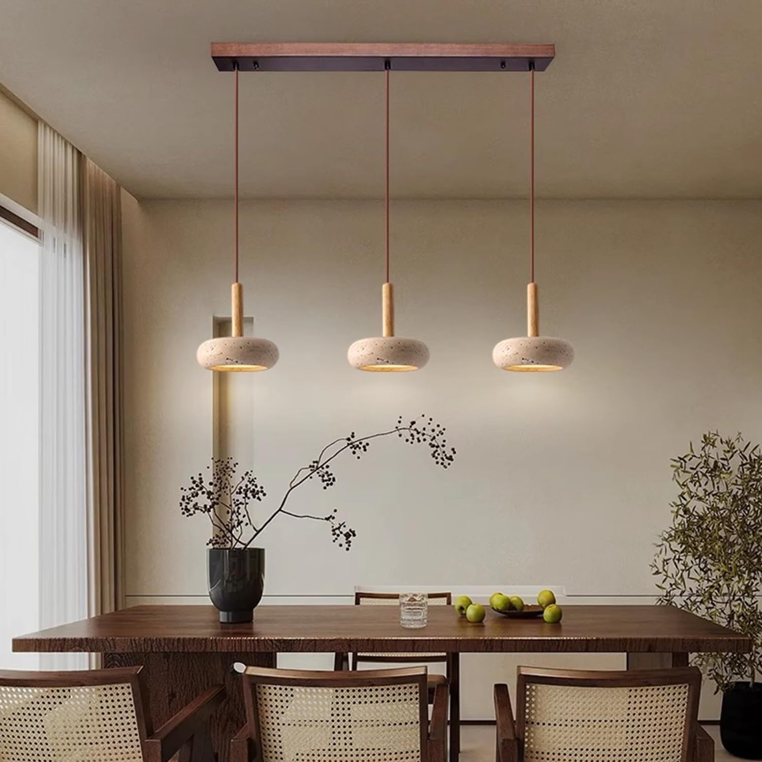 Huayusedf Tricolor Light 3-Lights Pendant Light Natural Stone Lights Chandelier,Yellow Travertine Cave Lamp, Japanese Style Wood Hanging For Dining Room Bedside Kitchen Island Hallway