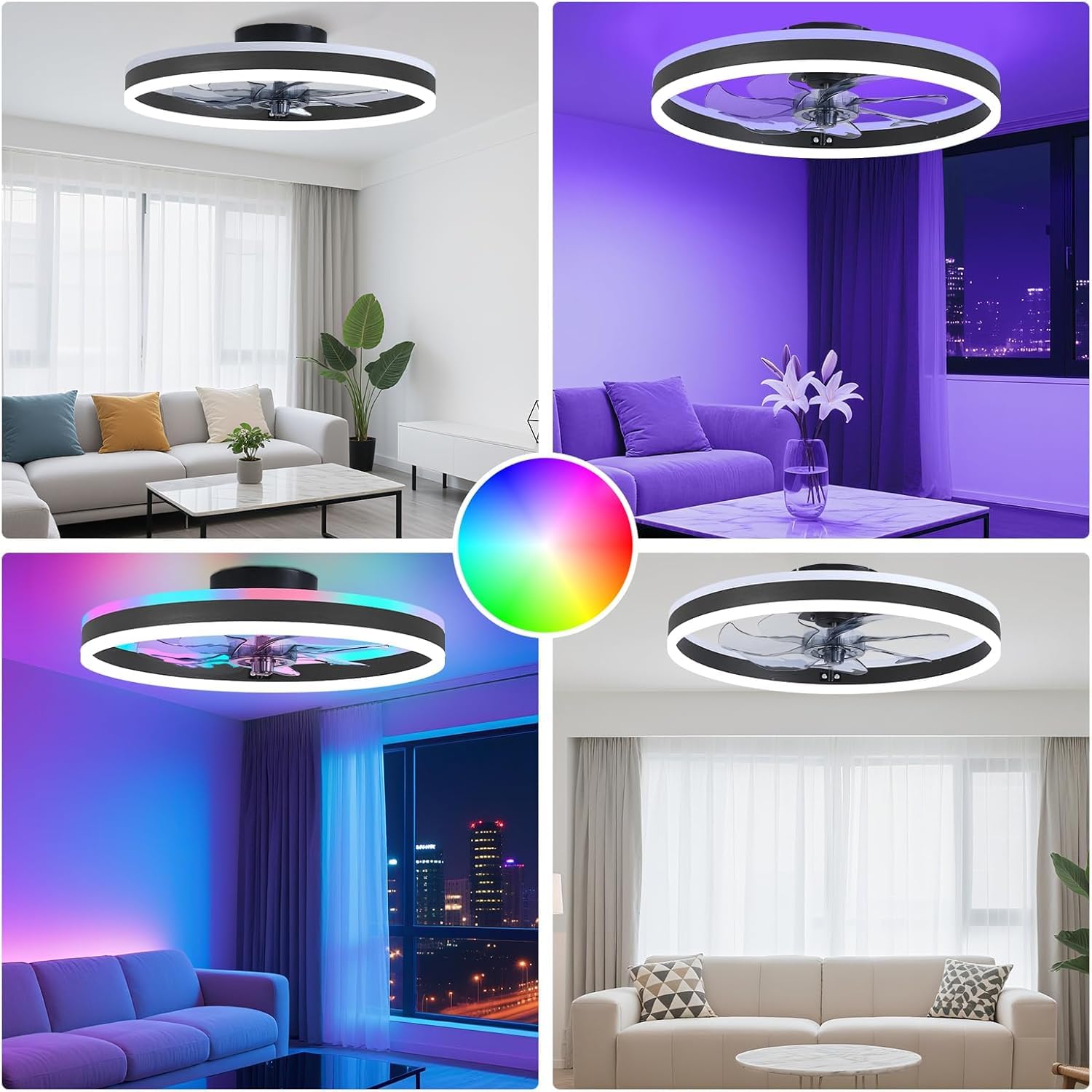 Moderne RGB Deckenventilator mit Beleuchtung φ50cm RGB LED Fan Licht mit Fernbedienung Timer 6 Geschwindigkeiten Stufenloses Dimmen Deckenventilator mit Lampe