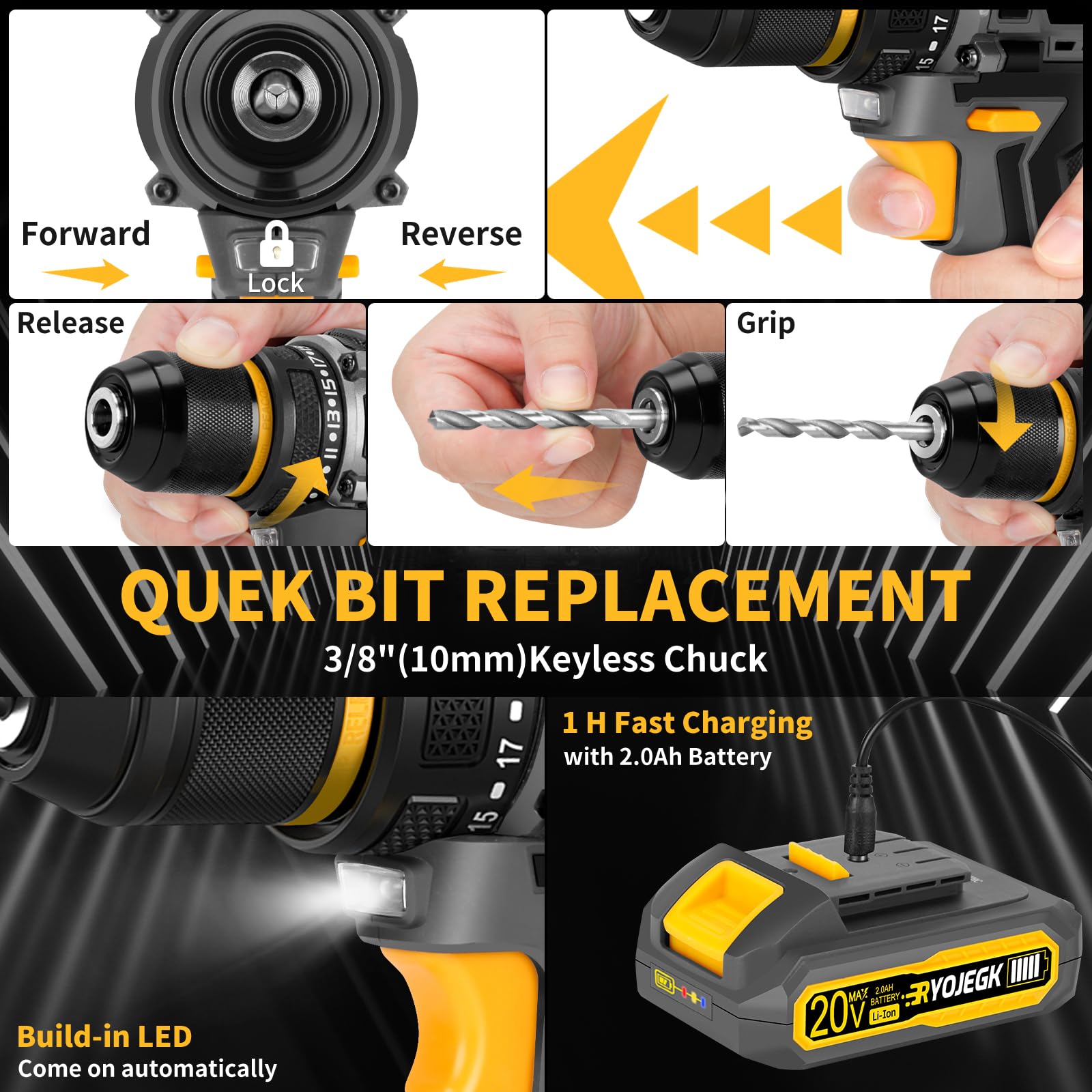 Compact Brushless Power Drill Set,60N.m Cordless Drill Tool Box with 2 Battery & 3/8”Keyless Metal Self-locking Chuck,138Pcs Men Handheld Tool Drills Kit,Taladro Inalámbrico for Home Repair Set