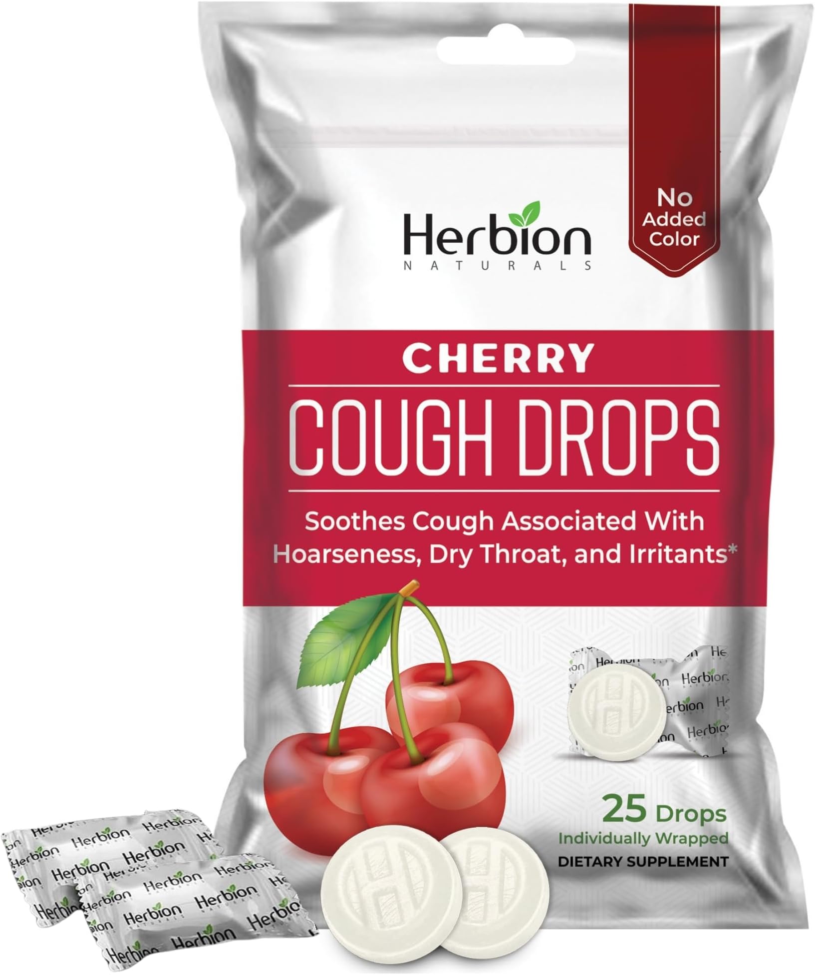 Naturals Cough Drops with Natural Cherry Flavor, Dietary Supplement, Soothes Cough, for Adults and Children Over 6 Years, 25 Drops, No Artificial Flavor, Pack of 1
