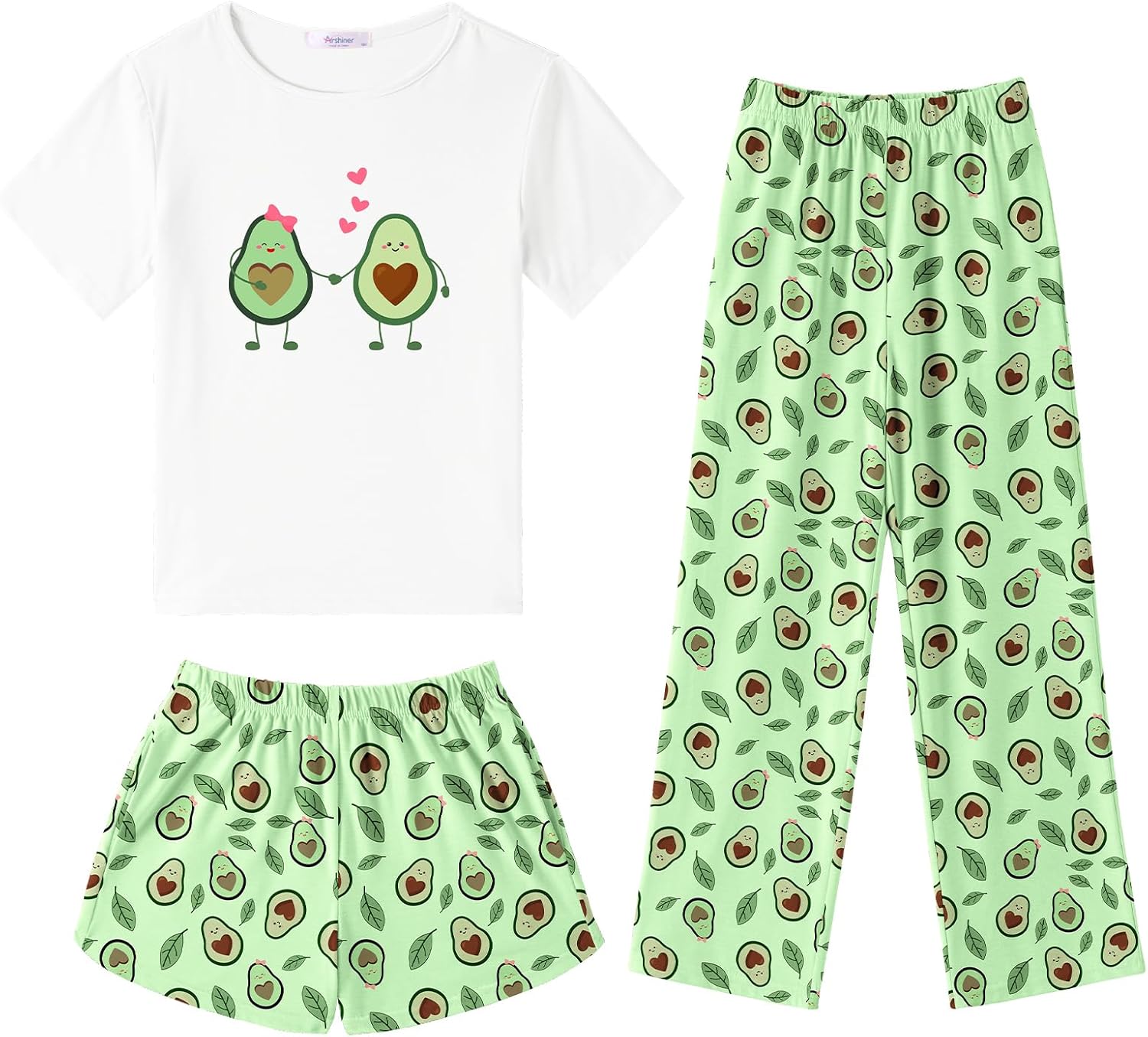 Arshiner Girls Pajama Set 3 Piece Short Sleeve Sleepwear Summer Soft Cute Pjs Outfits