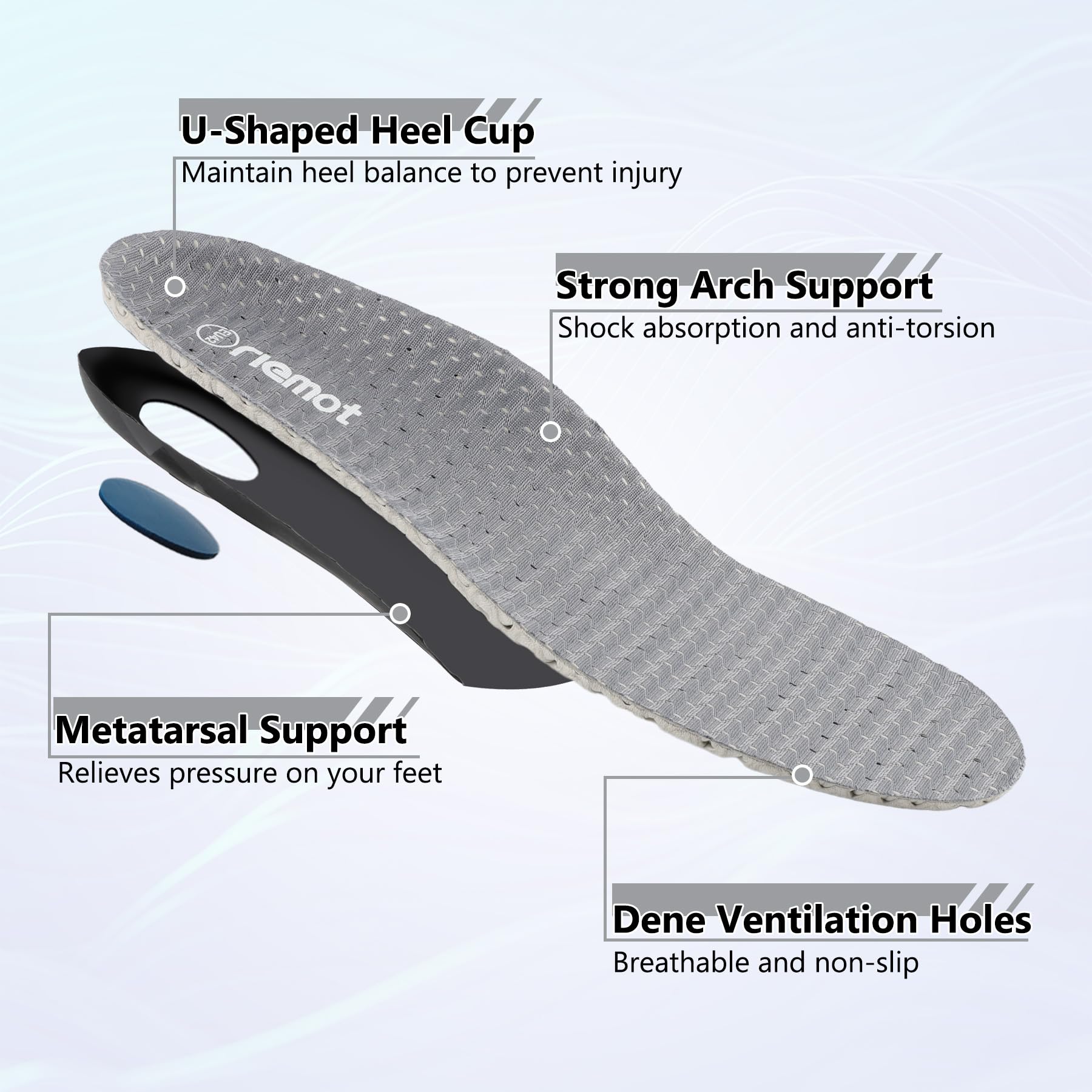 riemot Solette Ortopediche per Scarpe, Plantari Ortopedici per Piedi Piatti, Supporto Arco Plantare, Sollievo da Fascite Plantare e Dolore al Tallone, Ideali per Sport e Lavoro, Grey, 39 EU