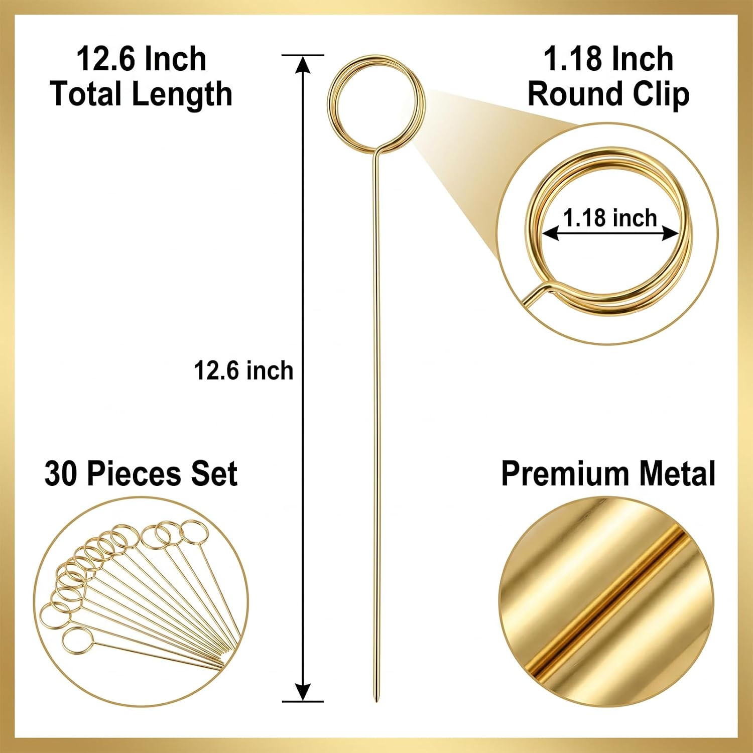 30PCS Metal Floral Card Holder Picks, 12.6 Inch Gold Flower Card Sticks with 3cm Round Clip for Wedding Table Centerpieces, Photo Memo Notes and Party Decorations
