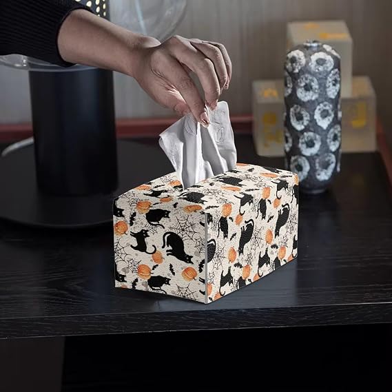 PU Leather Tissue Box Cover Rectangle Tissue Box Holder Black Cat Pumpkin Bat Halloween Tissues Boxes Cover Rectangle Jumbo Modern Stylish Napkin Boxes Organizer for Living Room Home