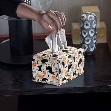 PU Leather Tissue Box Cover Rectangle Tissue Box Holder Black Cat Pumpkin Bat Halloween Tissues Boxes Cover Rectangle Jumbo Modern Stylish Napkin Boxes Organizer for Living Room Home