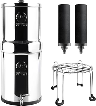 PHOENIX GRAVITY 8-Liter Stainless Steel Gravity Water Filter | AISI 304 | NSF/ANSI 42 & 372 Certified 2 Smart Carbon Cartridges & Stainless Steel Stand Included | No Electricity or Plumbing Needed