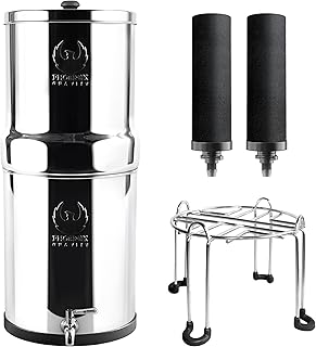 Phoenix Gravity - Système de filtre à eau de comptoir en acier inoxydable AISI 304 certifié NSF de 6 litres avec 2 cartouches Smart Carbon (noires), support et robinet en acier inoxydable gratuits