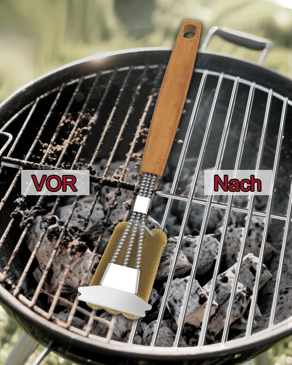 Cepillo para barbacoa de latón, cepillo de limpieza de parrilla, raspador de acero inoxidable, cerdas gruesas de acero inoxidable, mango de madera extralargo de 39 cm, para barbacoa de gas, parrilla