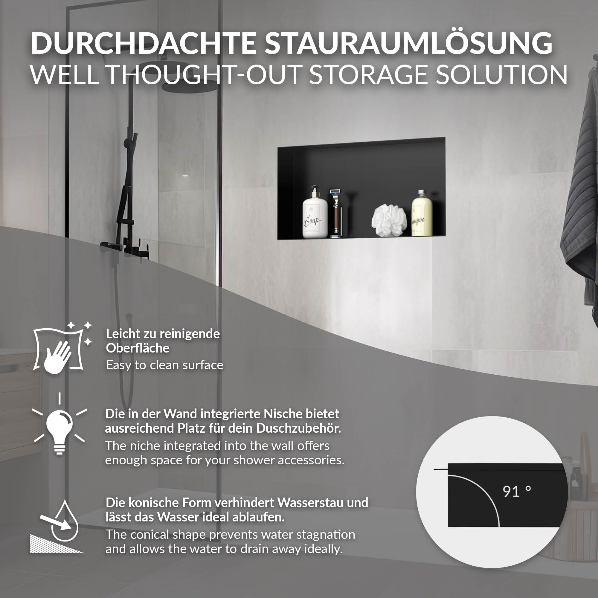 LuxeBath Nicho de Ducha de Acero Inoxidable 60x30x10cm cm Negro Marco de Pared Empotrado Alicatable Estante Integrado Instalación Flexible para Almacenamiento Organizador de Utensilios para Baño