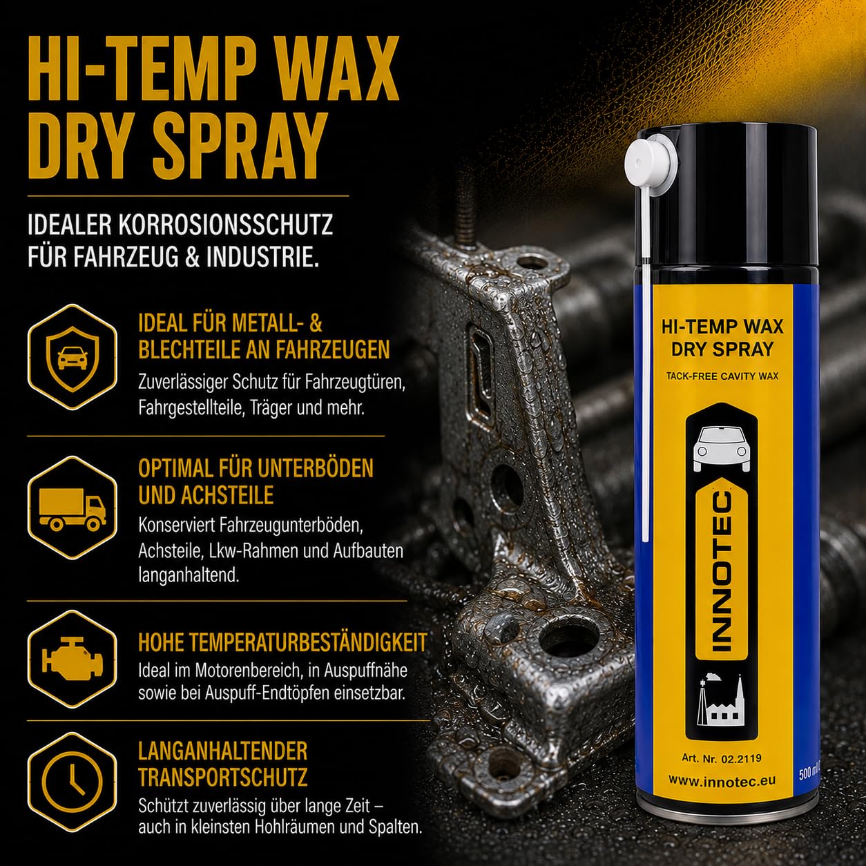 2 Stück Innotec Hi-Temp Wax Spray Unterboden und Hohlraumschutz Fettspray Transparent - Next Level Konservierung für Automotive & Industrie - Keine Anhaftung von Schmutz und Staub - 500ml Spraydose