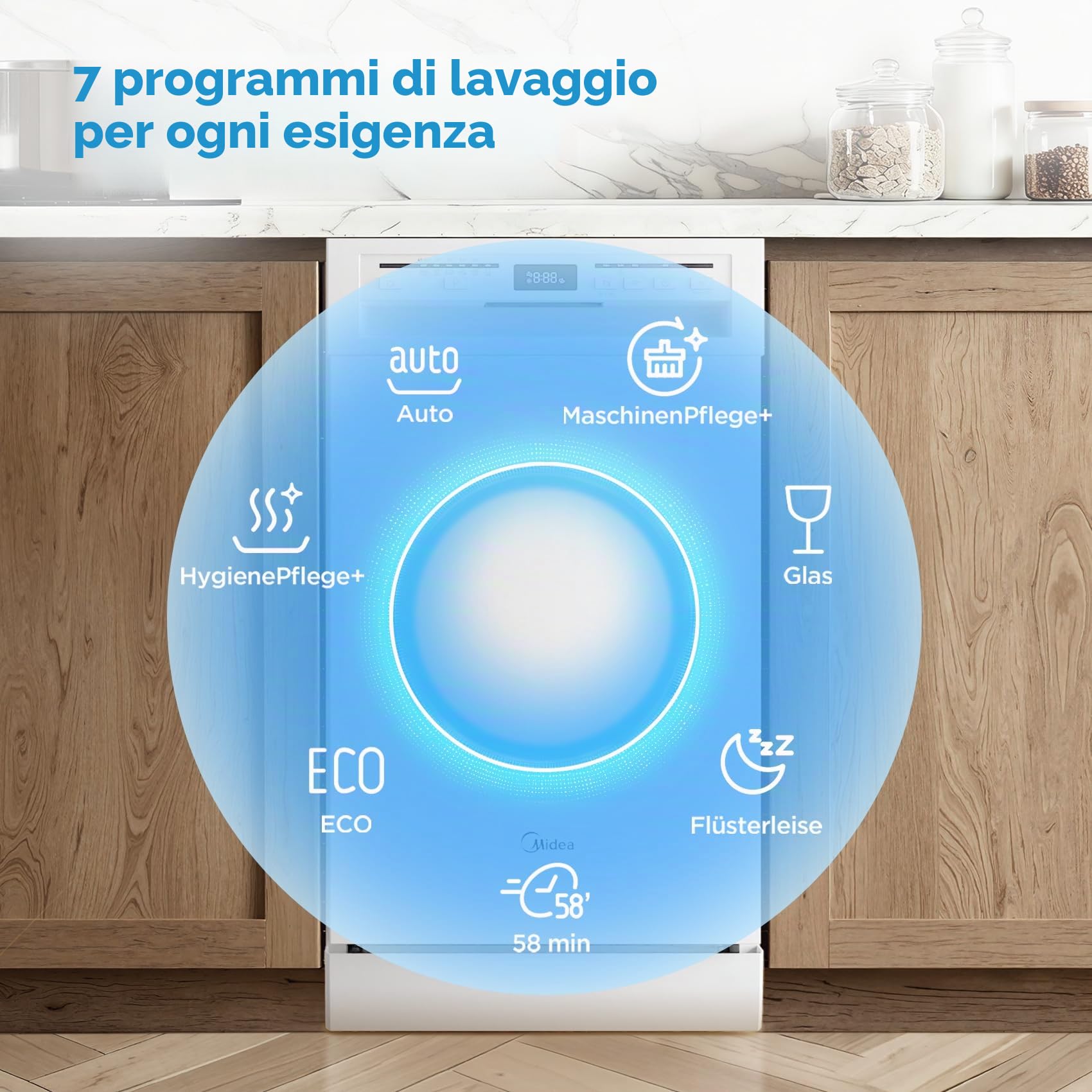 Midea SF 5.45NW10C Lavastoviglie 45 cm freestanding & sottopiano 10 controsoffitto, 7 programmi, lavastoviglie 45 cm con WIFI, 44 db, ritardo di avviamento, apertura automatica della porta, 63 kWh/100