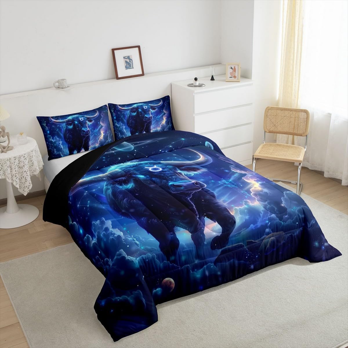 Taurus Comforter Set,12 Constellations Zodiac Bedding Set for Kids Teens,Galaxy Cloud Starry Sky Quilt Set,Duvet Insert 2 Pcs with 1 Pillowcase,Toddler