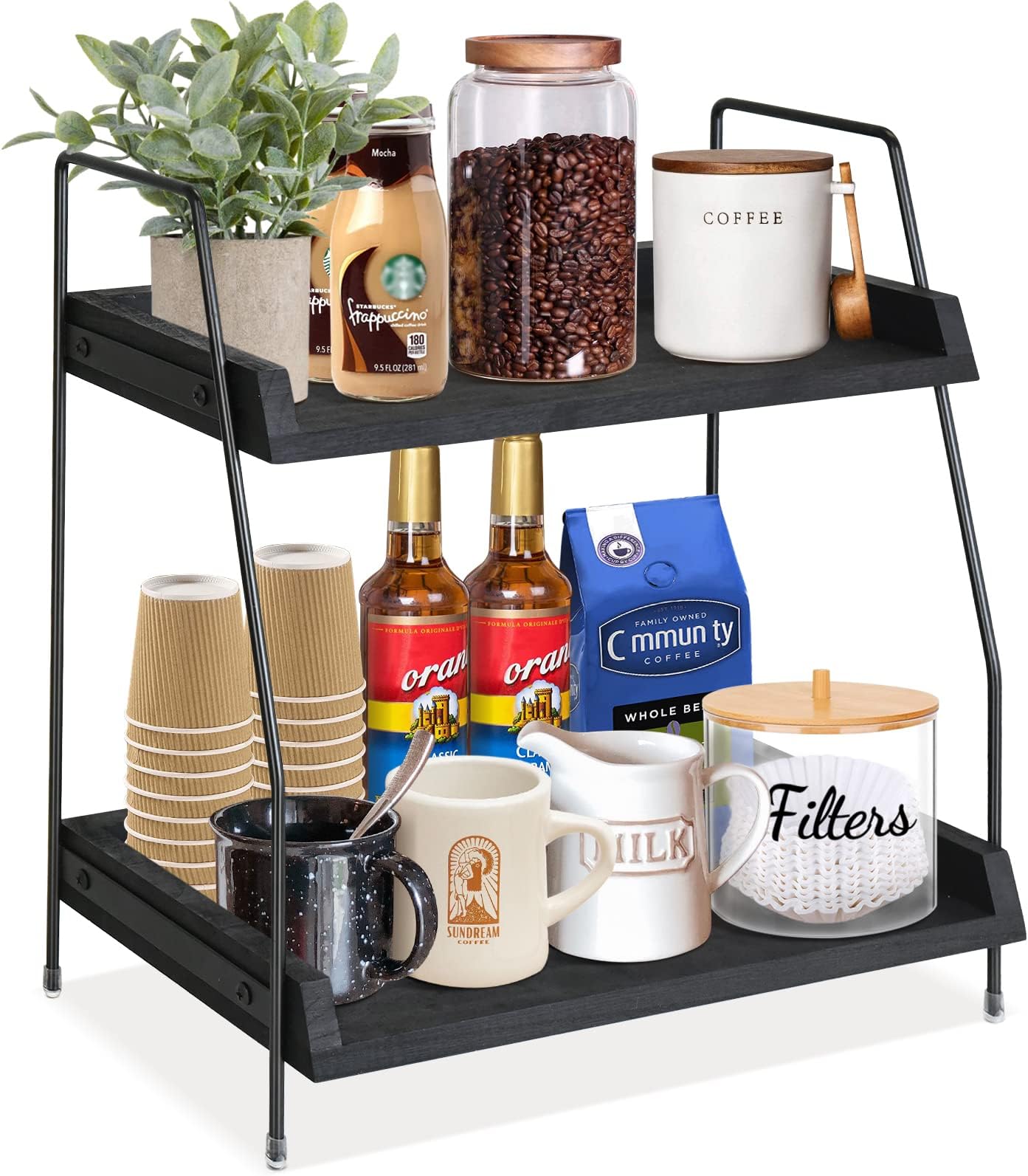 Coffee Bar Accessories and Organizer Countertop, Coffee Station Organizer Kitchen Counter Shelf Organizer,Coffee Condiment Storage,Cup Lid Holder Countertop Shelf for Bathroom (Black)