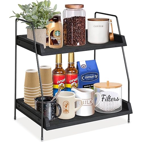 Yusepure Coffee Bar Accessories and Organizer Countertop, Coffee Station Organizer Kitchen Counter Shelf Organizer,Coffee Condiment Storage,Cup Lid Holder Countertop Shelf for Bathroom (Black)