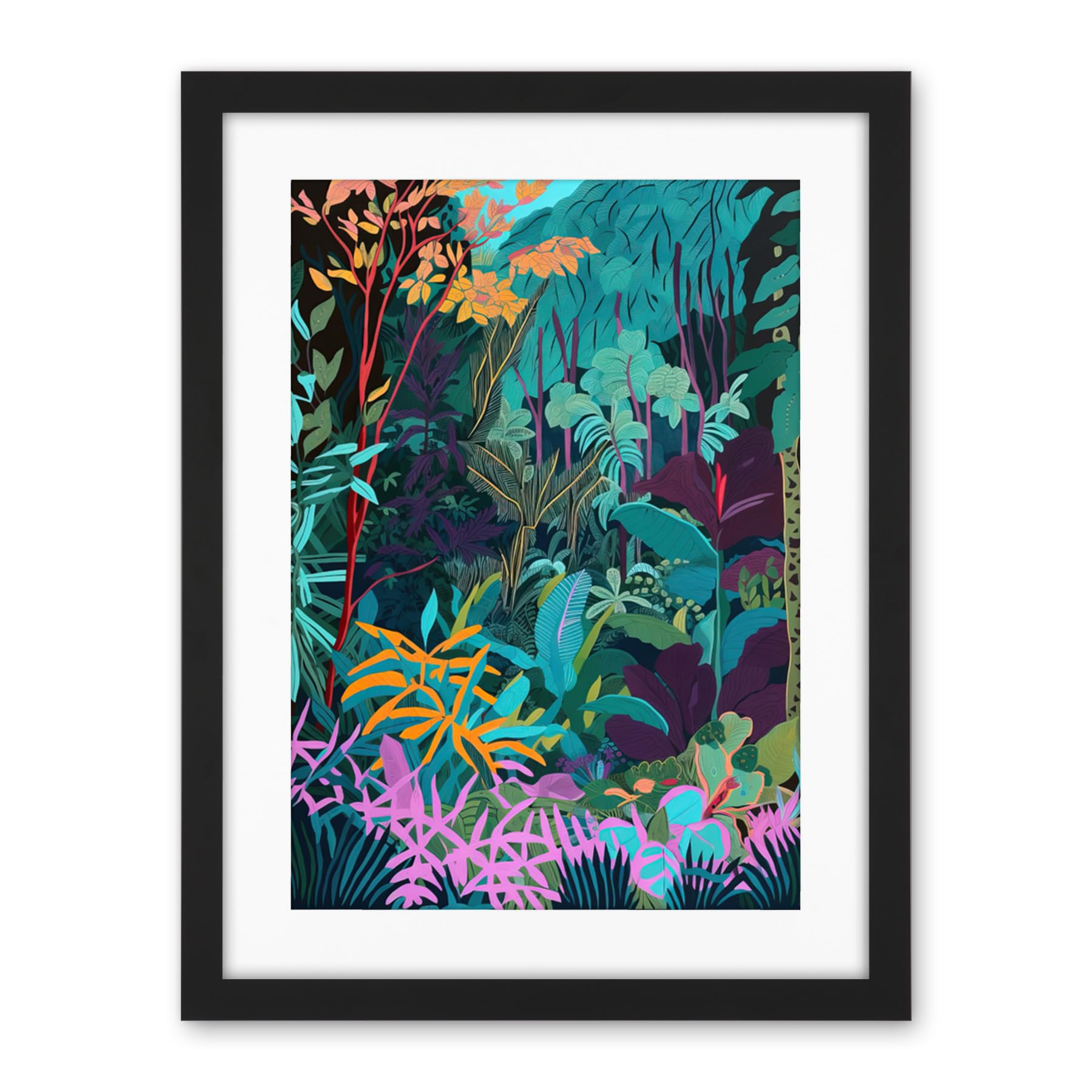 Artery8 Tropical Jungle Forest Vibrant Colour Illustration Artwork Framed Wall Art Print 18X24 Inch