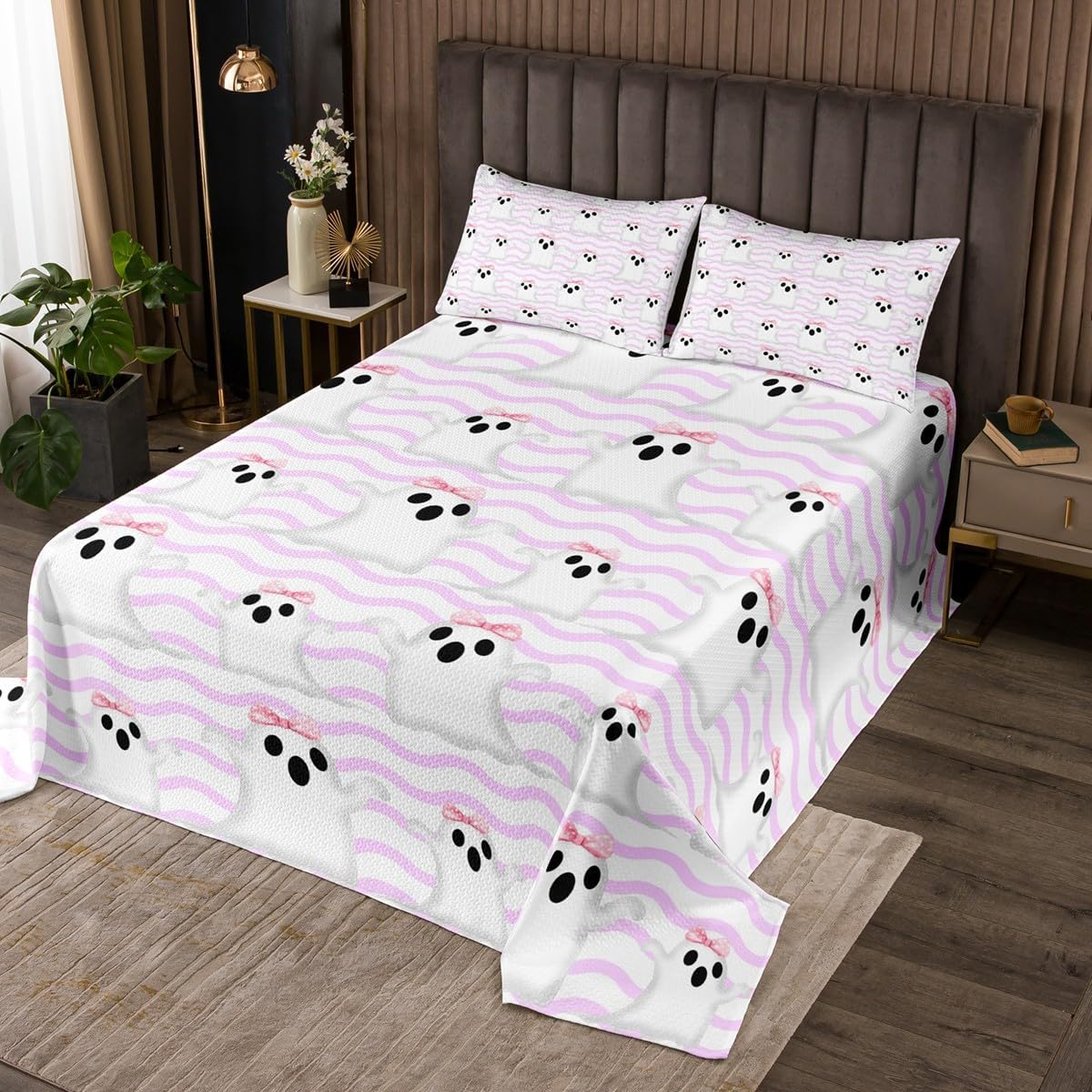 Cute Ghost Bedspread Twin Size,Cartoon Halloween Bedding Sets 2Pcs for Kids Girls Boys Room Decor,Purple White Stripe Comforter Set Funny Kawaii Quilt Coverlet,1 Pillowcase