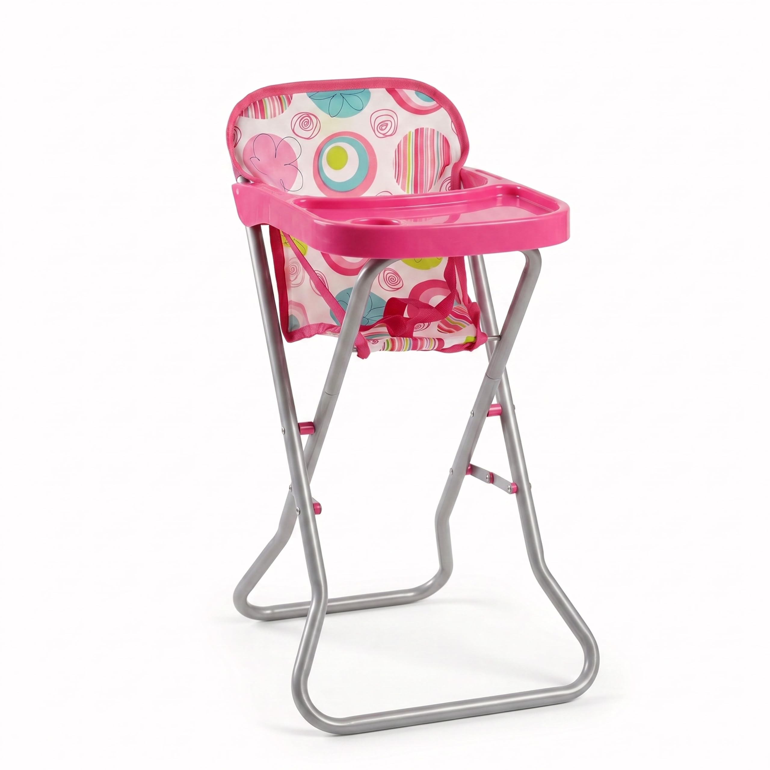 BiBi Doll Baby Doll High Chair - Pink Foldable Highchair with Metal Frame, Attached Feeding Table - Role Play Accessories & Toys for Girls & Boys Aged 3+