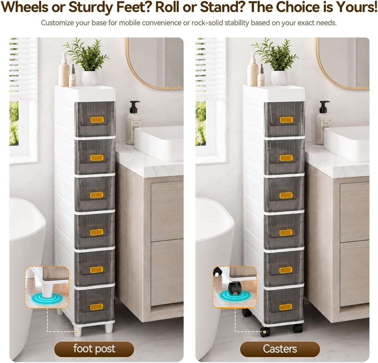 LDQ 7.09" W PP Bathroom Storage Cabinet with Drawers, Wheels, Next to Toilet (5 Layers) image 5