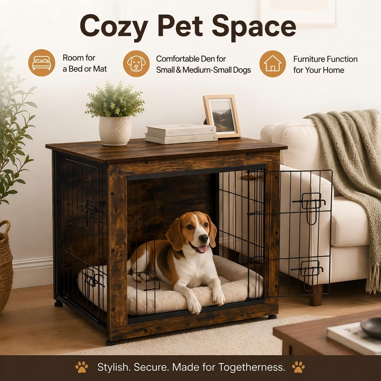 EGGREE Gabbia per Cani, Interno 62 cm, 2 Porte, Effetto Legno, Marrone