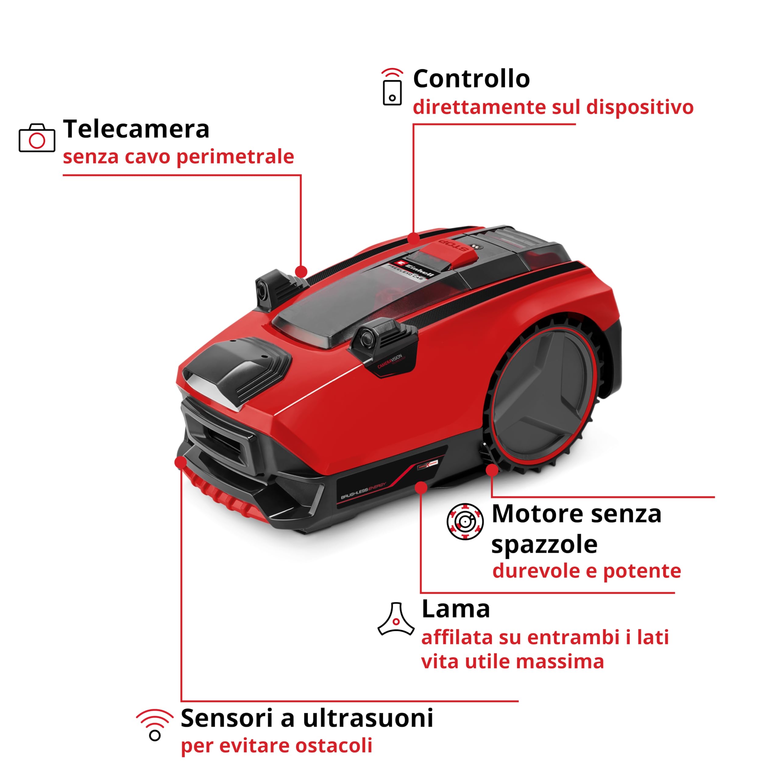 Einhell tosaerba FREELEXO CAM 500 Power X-Change (18 V, la telecamera sostituisce il cavo perimetrale, per 500 m², brushless, fino al 25% di pendenza, larghezza di taglio 18 cm, incl. batteria 3,0 Ah)