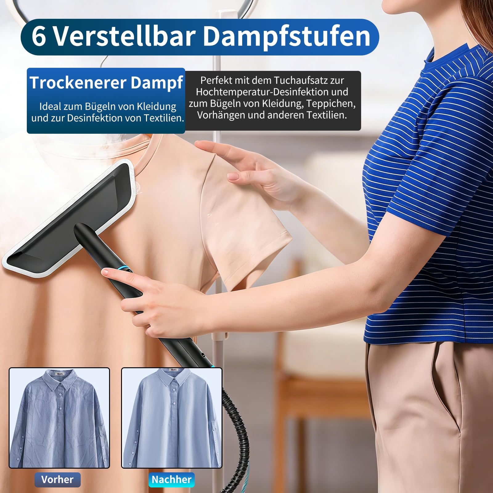 Dampfreiniger Handgerät, 2500W Handdampfreiniger, 8 Düsen, 6 Dampfstufen, 1250 ML Tank, 105℃ Hochtemperatur, 4 BAR Hochdruck, 15S Heizzeit, Tragbarer Dampfreiniger für Auto Küche Bad Polster