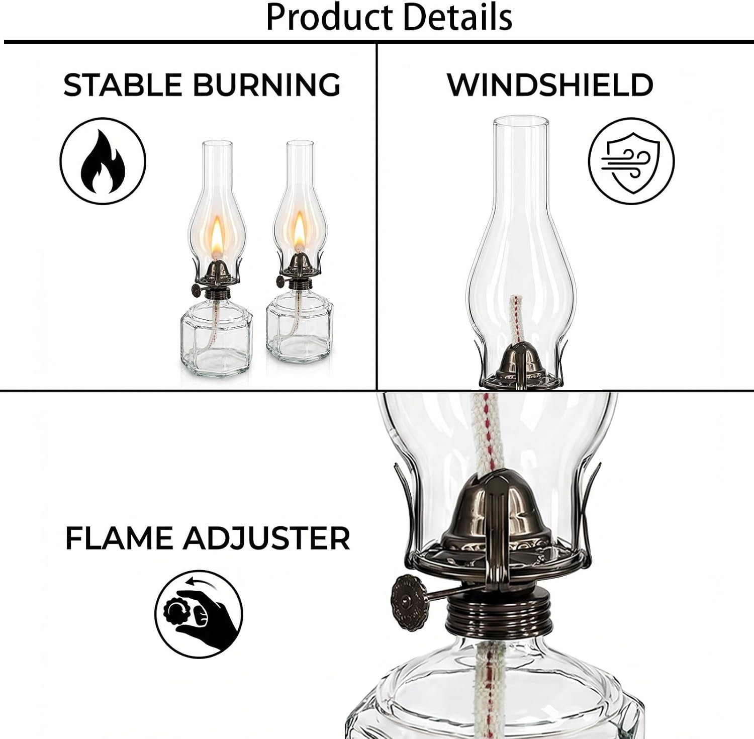 4 Pcs Chamber Oil Lamp, with 4 Wicks, Vintage Clear Glass Kerosene Lantern, Large Hurricane Lamp, for Indoor Tabletop Decor, Wedding Centerpieces, Festival Ambiance Emergency Lighting
