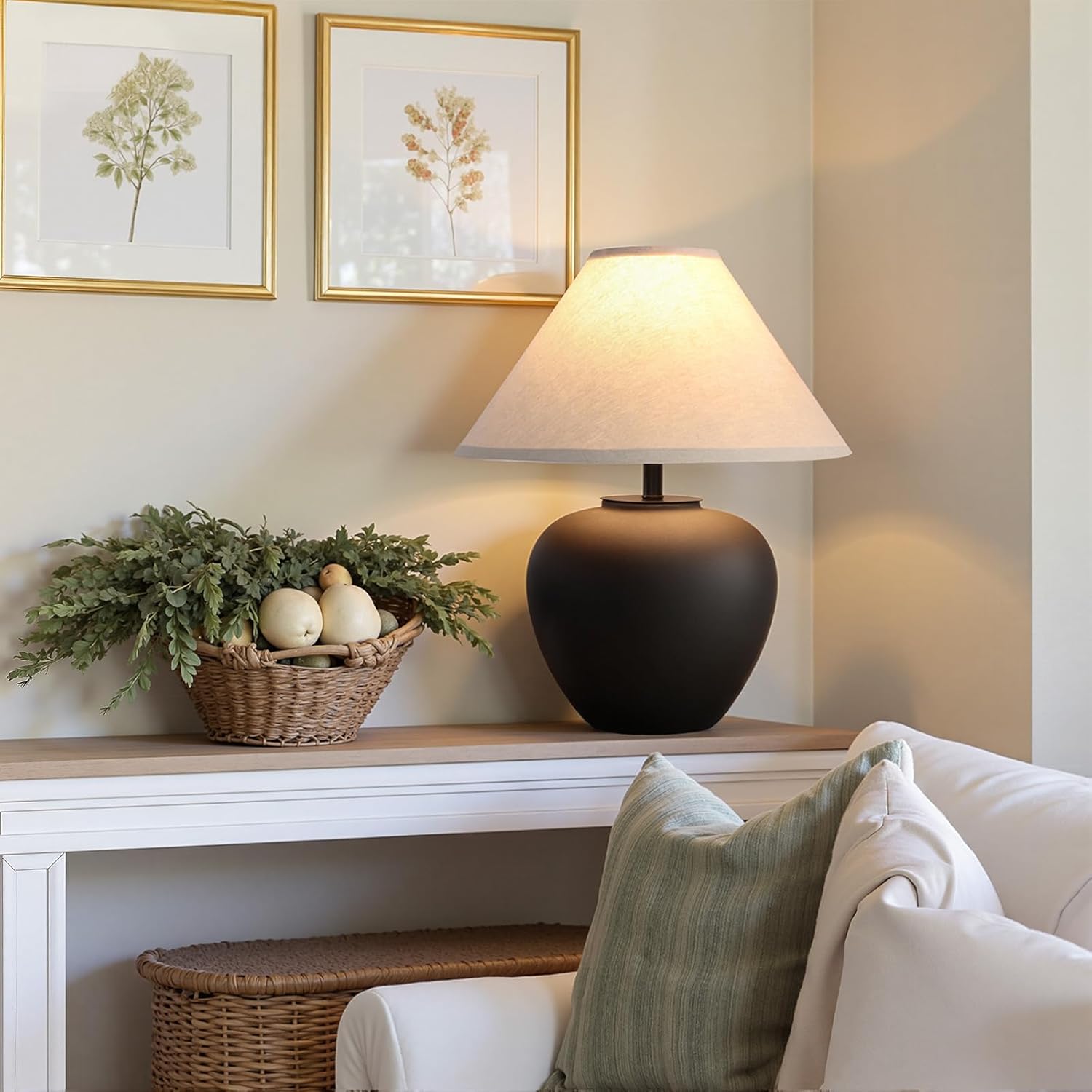 Ceramic Pot Table Lamp 18.5 inch Circular Frosted Nightstand Lamp, Tapered Fabric Shade Bedside, Ceramic Decorative for Living Room Bedroom House Office Entryway, TL1