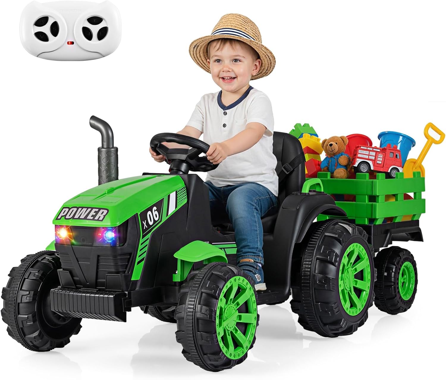 COSTWAY 24 V Electric Tractor for Children, Vehicle with LED Headlights Music USB Port Detachable Trailer and Remote Control, Electric Car for Children 3-7 Years