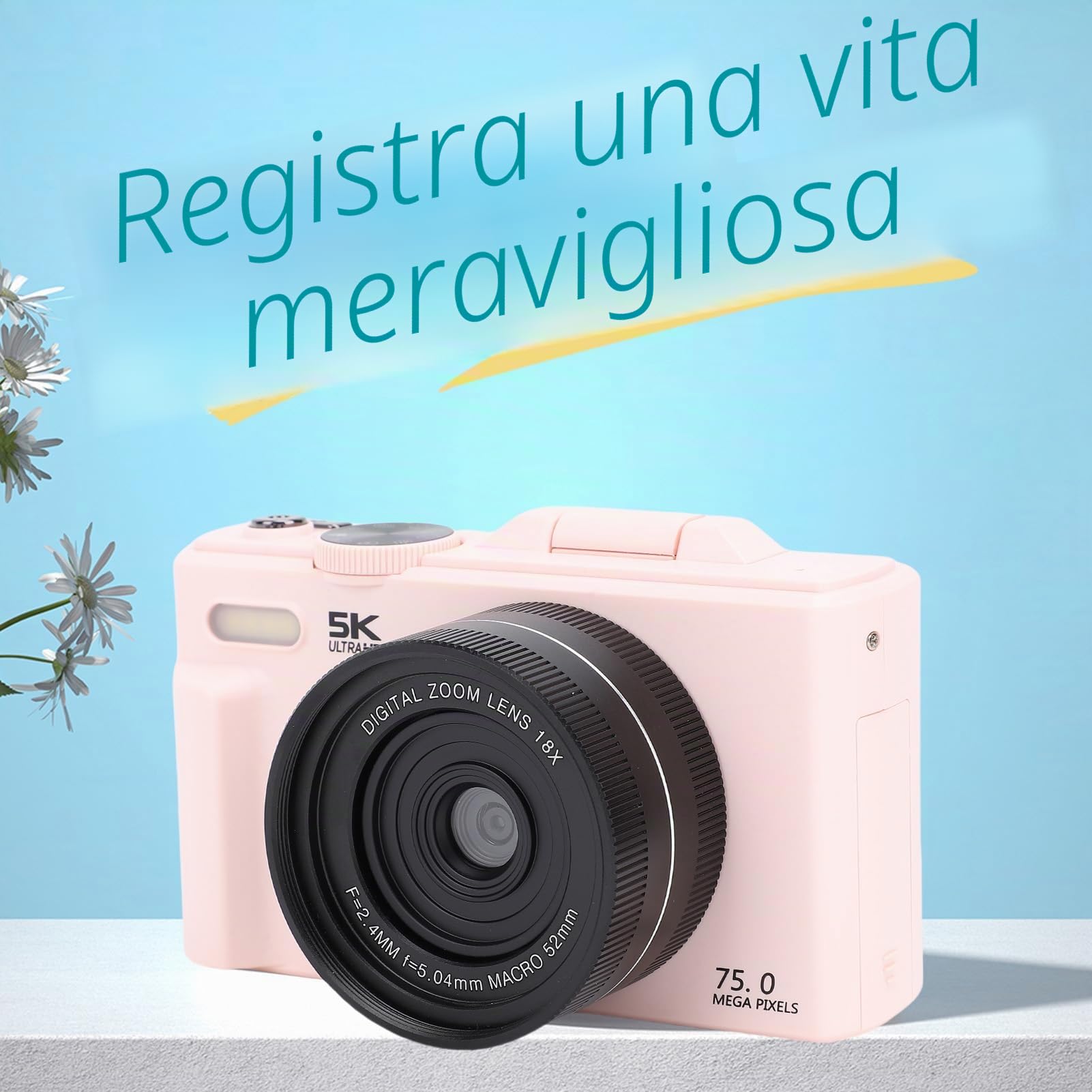 Fotocamera Digitale 5K per Fotografia, Videocamere Vlog Compatte Wi-Fi da 75 MP, Autofocus UHD, Schermo Orientabile a 180° da 3'' con Flash, Zoom 18X, Anti-vibrazione