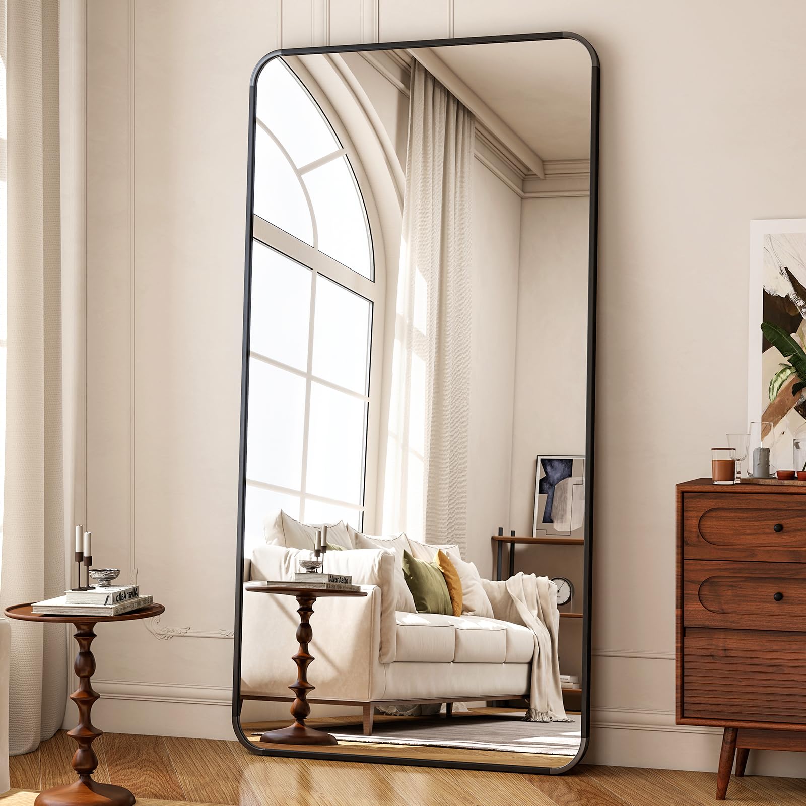 Koonmi Full Length Mirror, 192 x 85 cm, Rectangle Round Corner Full Body Mirror with Stand, Aluminium Alloy Frame, Tempered Glass, for Bedroom, Living Room, Cloakroom, Black