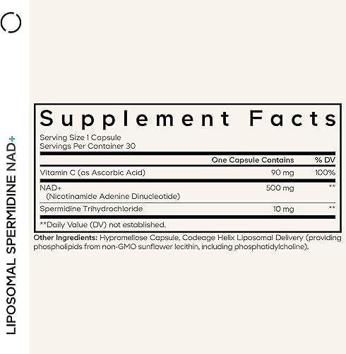 Miniatura 2 de Codeage Suplemento de espermidina liposomal NAD+ de espermidina - 500 mg de NAD+ vitamina C - Entrega liposomal - Píldoras de nicotinamida adenina