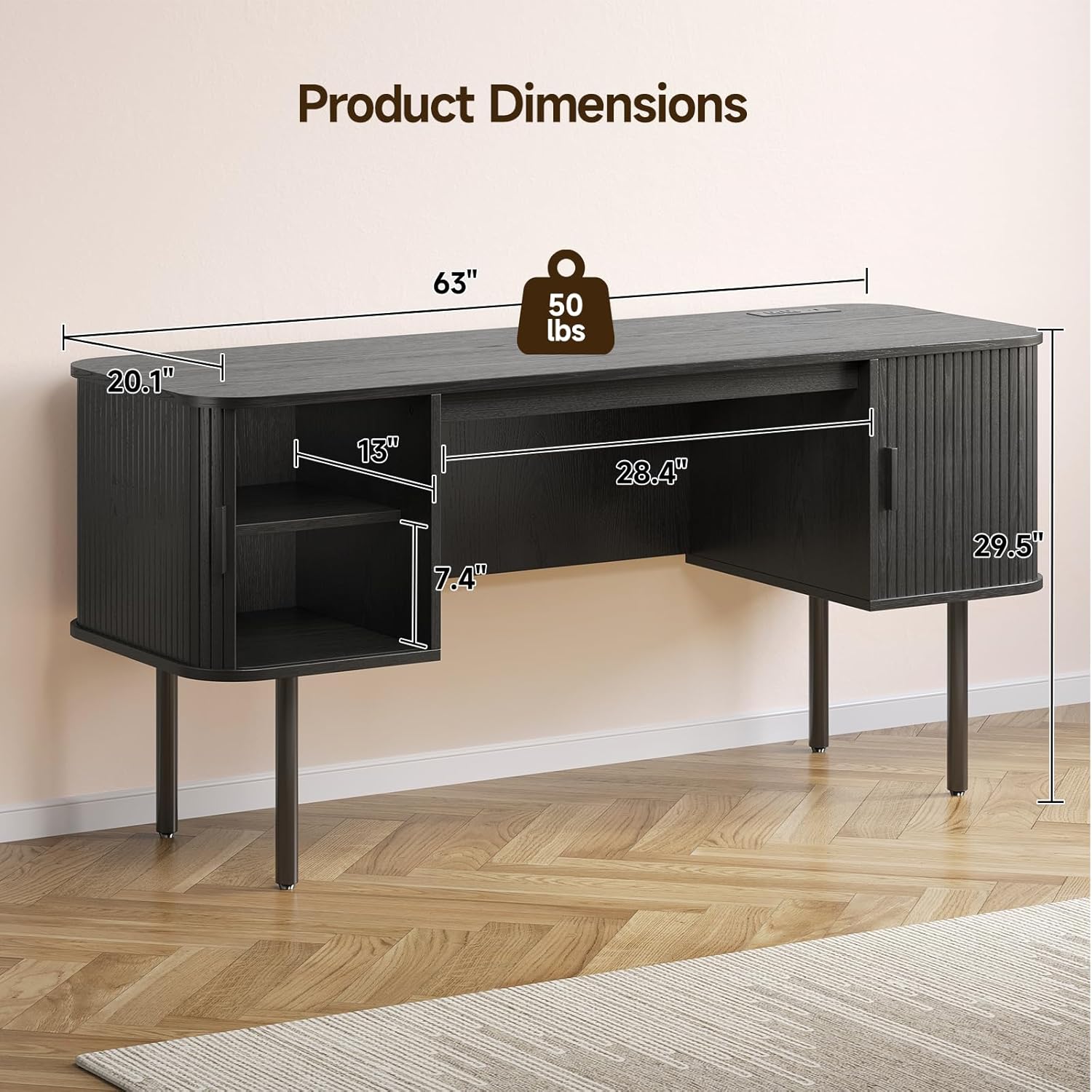 ONBRILL 63 Inch Fluted Computer Desk with Charging Station, Mid Century Executive Desk with 2 Storage Cabinets, Modern Home Office Large Desk with Metal Legs for Working, Studying, Writing, Black