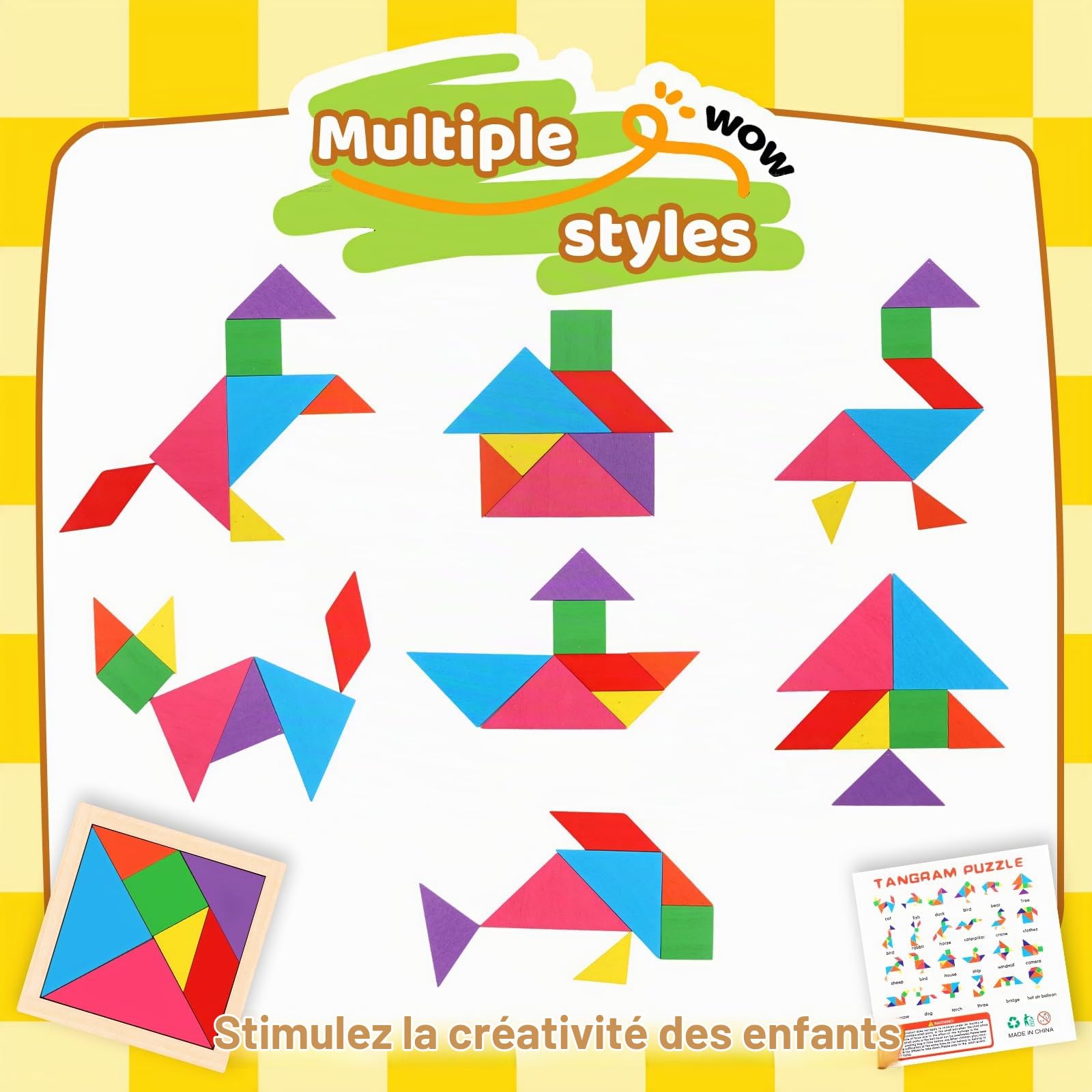16 Pièces Puzzles en Bois Tangram | Puzzle Tangram en Bois pour Enfants, Tangrams Éducatifs Amusants, Jeux d'apprentissage