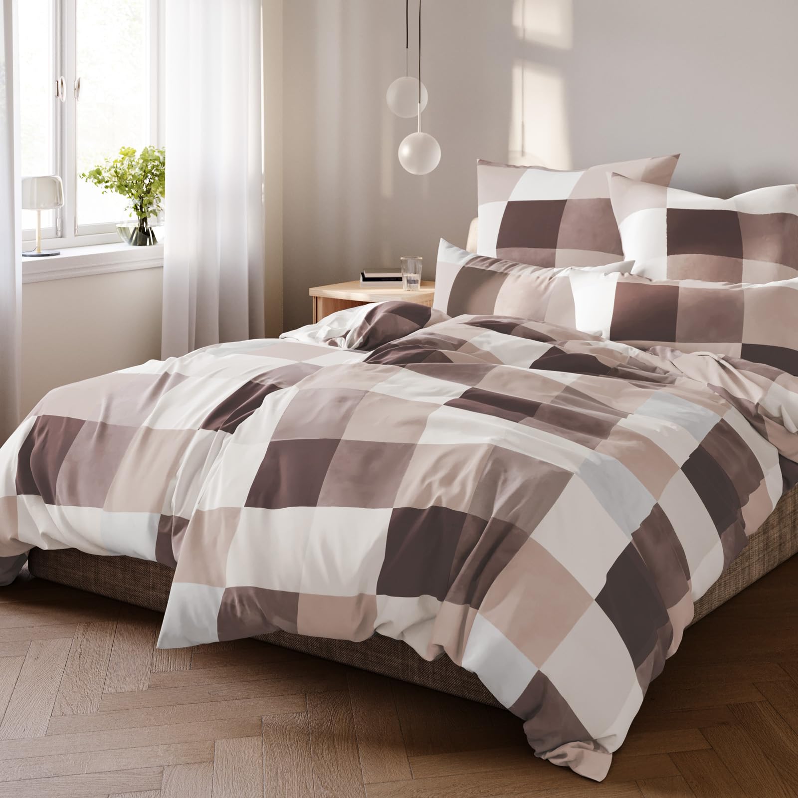 Pure Label Karierte Bettwäsche 135x200 cm mit einem Kissenbezug 40x80 cm - Traumhaft weiches Bettwäsche-Sets 135 x 200 cm in braun aus 100% Baumwolle mit YKK Reißverschluss