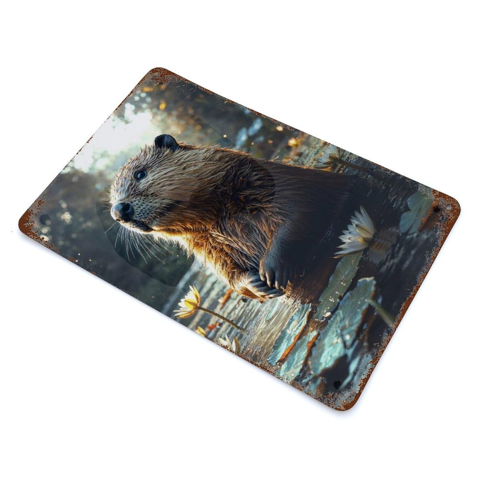 Beaver in Water Lily Pond Retro Metal Sign 11.8"x7.9", Classic Wall Plaque for Garage, Pub Or Kitchen
