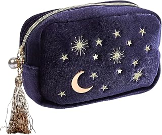 Piullzze Navy Velvet Embroidered Moon Stars Cosmetic Bag with Tassels & Pearl Zipper - Travel Makeup Toiletry Pouch
