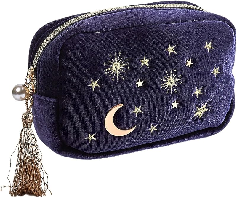 Necessaire de maquiagem Piullzze em veludo azul-marinho com bordado de lua e estrelas, borla e zíper perolado, modelo navy A