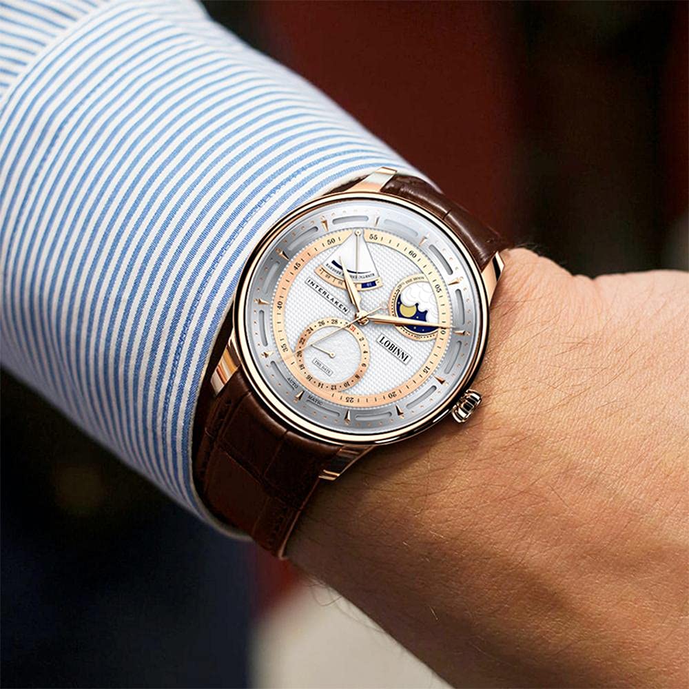 LOBINNI Orologio da polso da uomo, con fasi lunari, meccanico, automatico, impermeabile, alla moda, lussuoso, per uomo