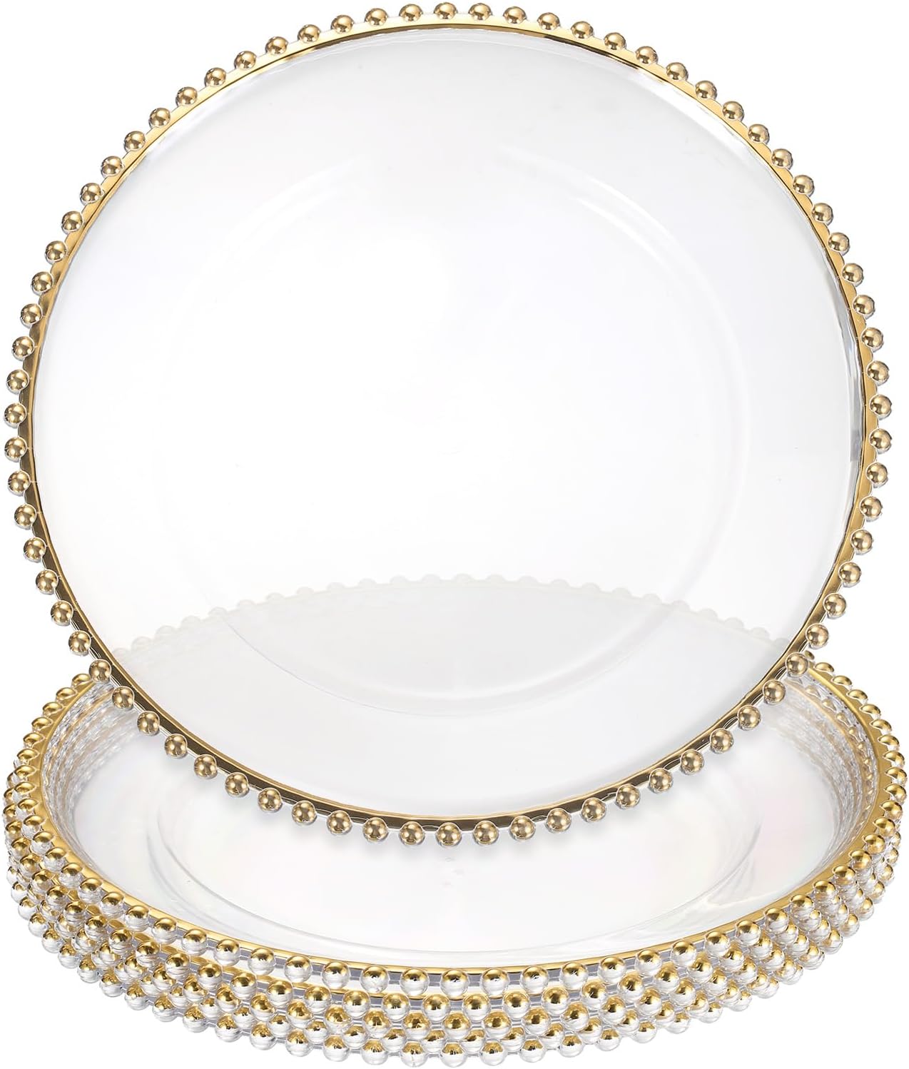 uxcell 6pcs Clear Charger Plates Bulk, 13" Plastic Round Charger Plates with Bead Trim Dinner Dessert Plate for Wedding Party Event Table Setting Decoration, Light Gold