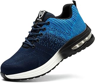 Micoklinlin Steel Toe Shoes for Men Lightweight Air Cushion Sneakers Industrial Construction Non-Slip Breathable Safety Shoes for Work Blue