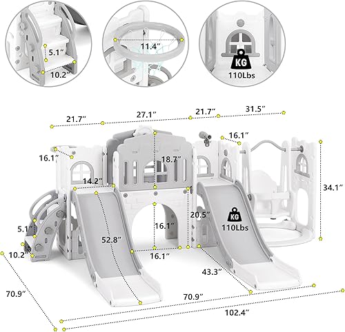 Miniatura 2 de JOYLDIAS Juego de tobogán 10 en 1 para niños pequeños, escalador doble con columpio, aro de baloncesto, telescopio, túnel, espacio de almacenamiento